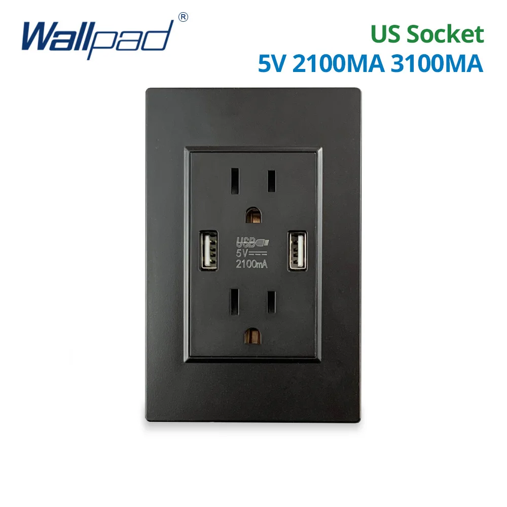 

US Socket With 2 Usb Socket Port Charger 5V 2100mA 3100MA Black Wallpad Luxury Wall Double USB Electric Power Outlet PC Panel