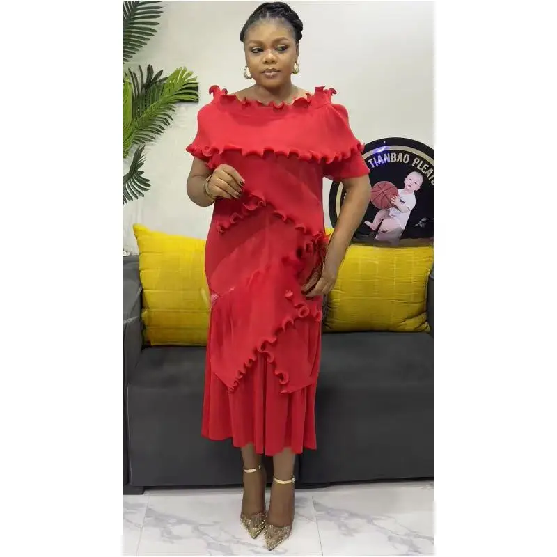 

2025 Miyake Pleated New Solid Color Dense Edge Splicing One-word Shoulder Large Size Women's Dress