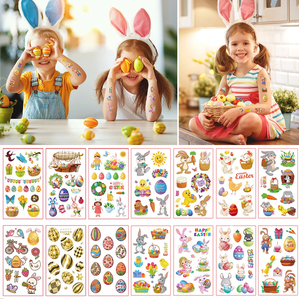 

10 Sheets Easter Waterproof Temporary Tattoos Easter Egg Bunny Chick Stickers for Kids Baby Shower Body Makeup Party Favors