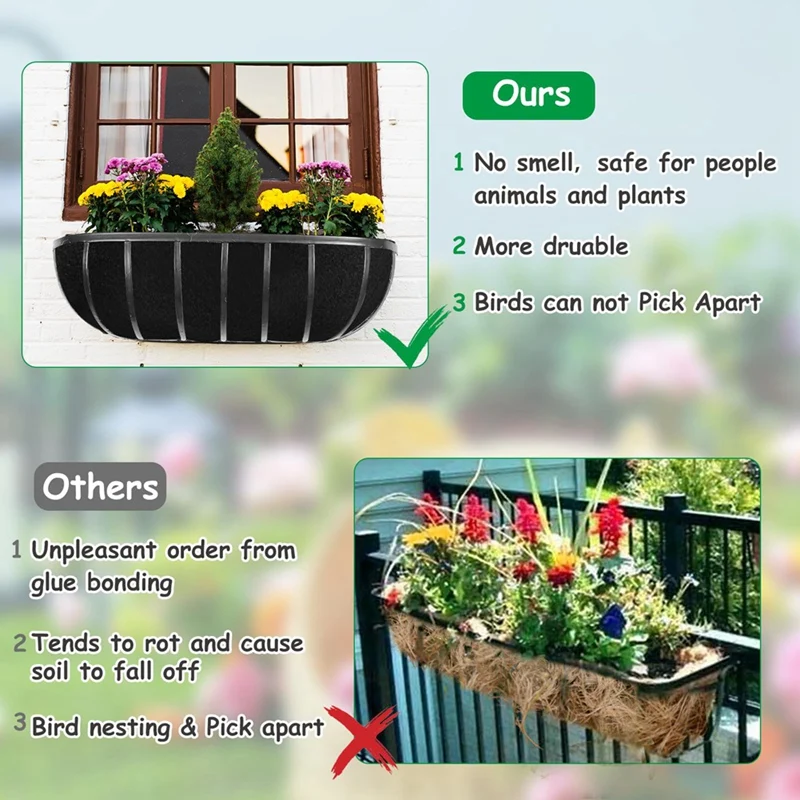 3PCS Planter Basket Liners Fabric Window Box Liners Felt Trough Planter Liner Replacement Black Flower Basket Liner