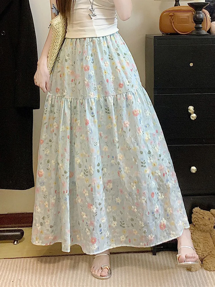 Floral Embroidery Long Skirt Women Loose High Waist Sweet Skirts Korean Summer Lady Casual Chic Cute Elegant Fashion Long Skirts