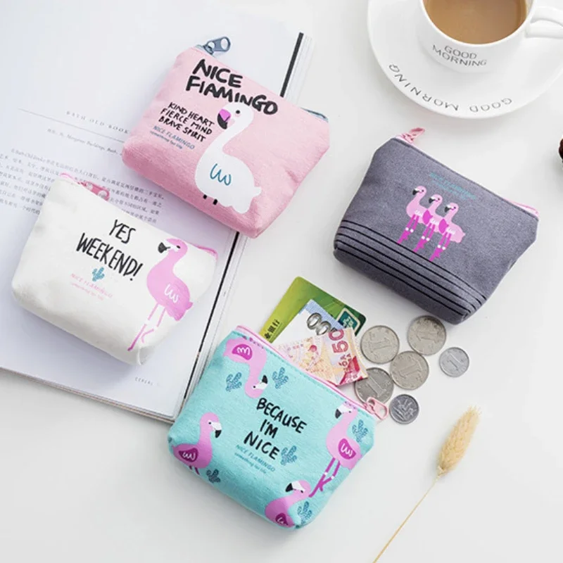 Korean Square Flamingo Coin Money Pouch Bags for Student Small Canvas Fabric Change Wallet Cartoon Keys Earphone Storage Bags