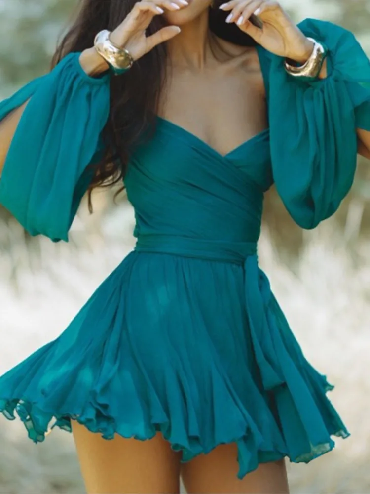 

2026 Women's Solid Colour Strapless Sleeve V-Neck Skirt Temperament Chic Backless Tie Dress Sexy Pleated Design Mini Vestidos