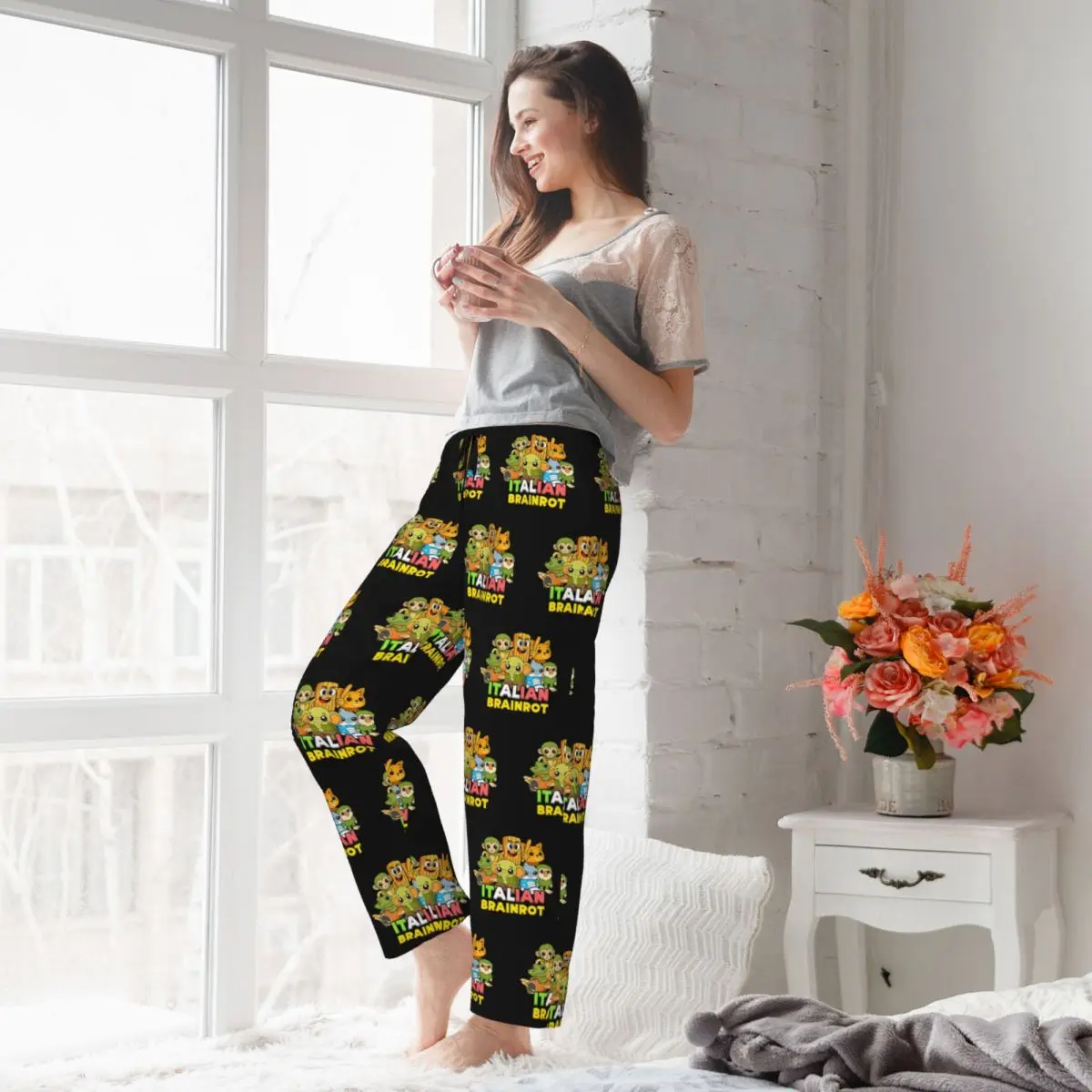 Pantalones de pijama italianos personalizados Brainrot, ropa de dormir para mujer, cintura elástica, animales, dibujos animados, pantalones de salón para dormir con bolsillos