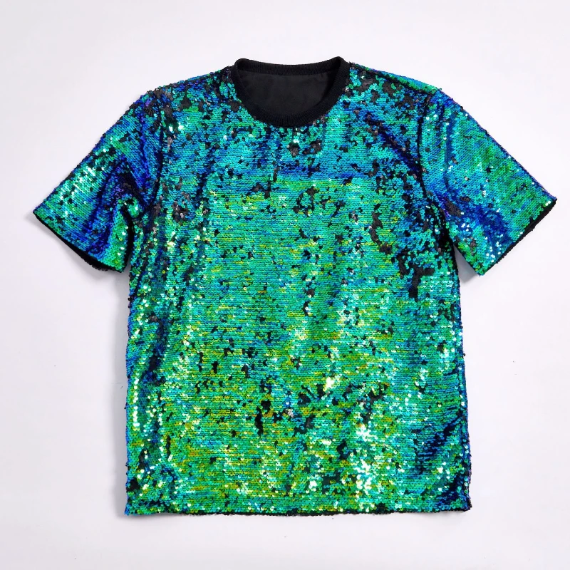 2025 Stage Multi-Color Flip-Color Sequin Short-Sleeve T-Shirt for Men &Women,Fashionable Runway Performance Round Neck Pullover