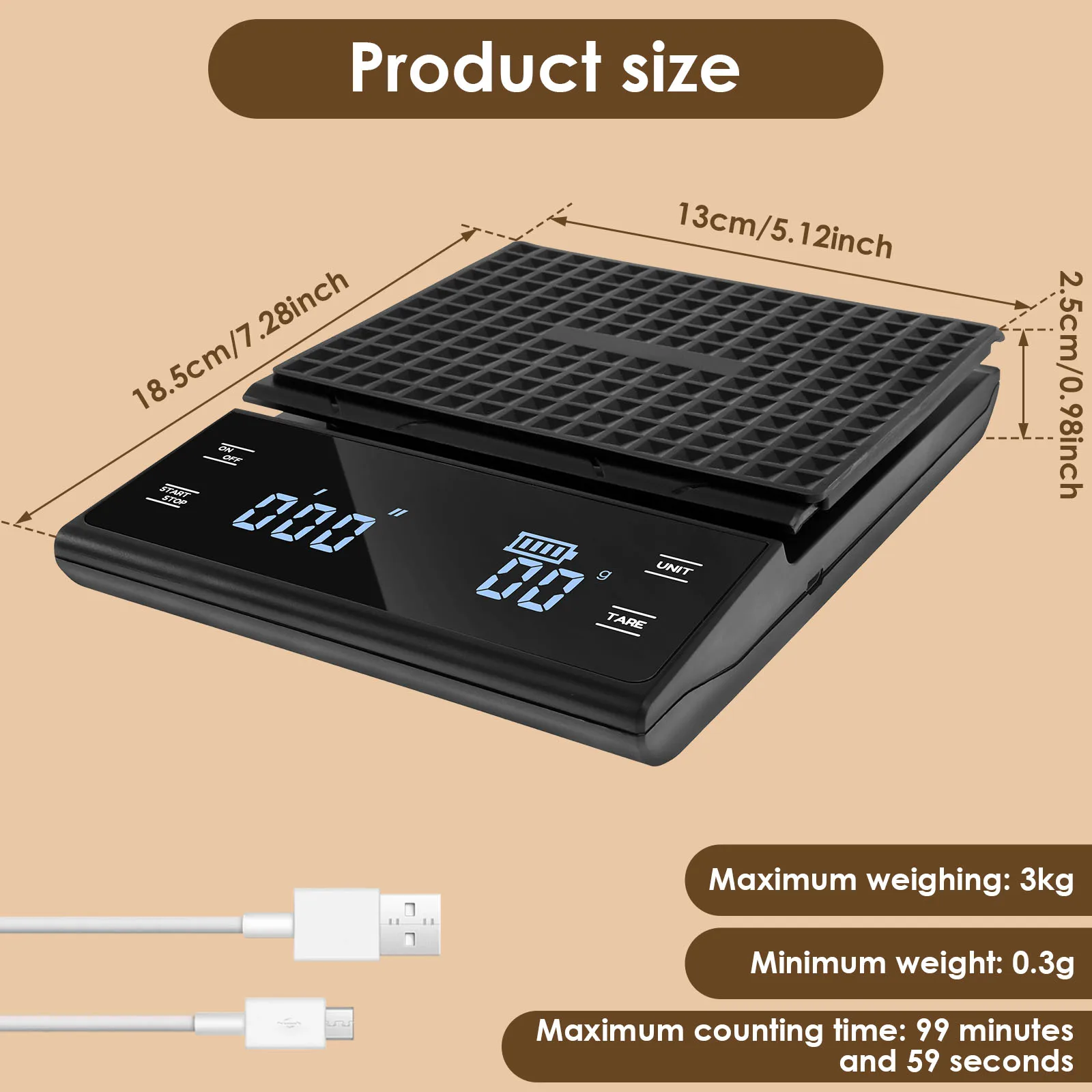 Coffee Scale with Timer 0.3g-3kg High Precision Kitchen Scale Convertible Unit Electronic Scale Portable Small Coffee Scale