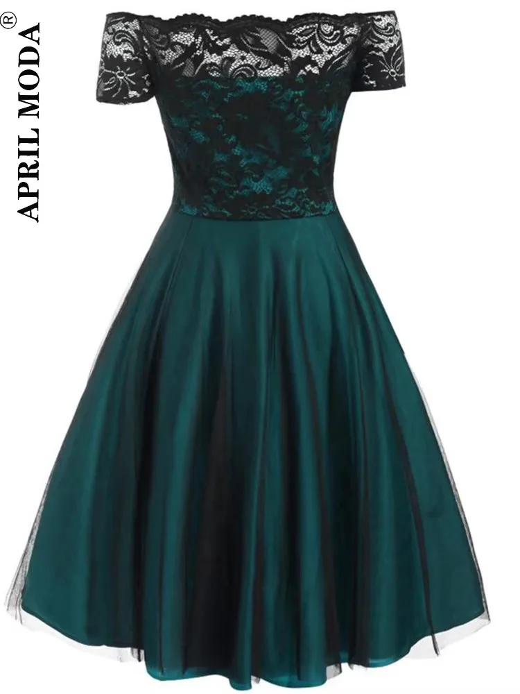 Women Vintage Lace Dress Formal Red Black Green Slash Neck Tulle Midi Jurken Chic Retro Gothic 50s Swing Dresses Party Clothing image 5