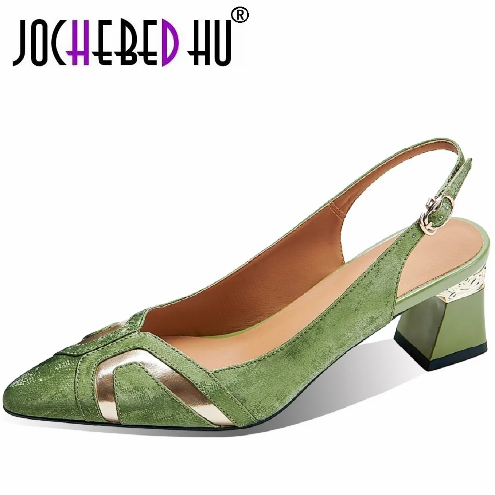 【JOCHEBED HU】Brand Genuine Leather Medium Heels Pumps Shoes Woman Sexy Point Toe Heels Office Dress Ladies Sandals 34-42