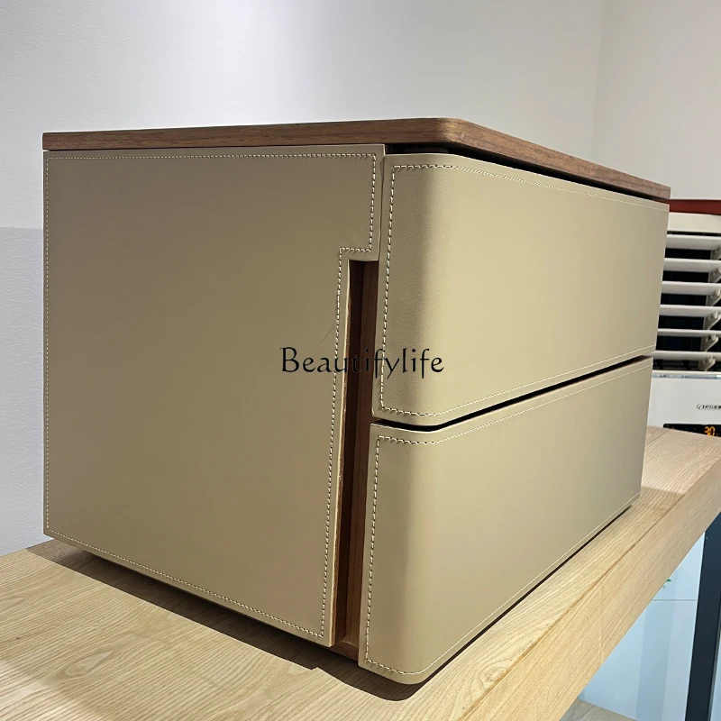 

5Italian minimalist bedside table, bedroom bedside saddle leather two-chest cabinet