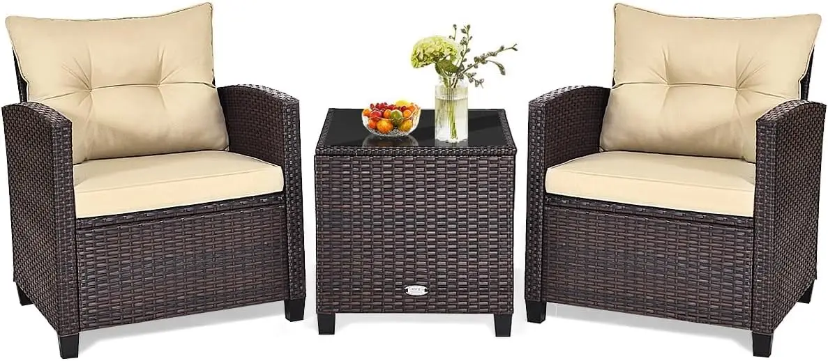 

3 Pieces Patio Conversation Set, Outdoor Furniture Set PE Rattan Sofa Set with Removable Cushions, PE Wicker Chairs with Temper