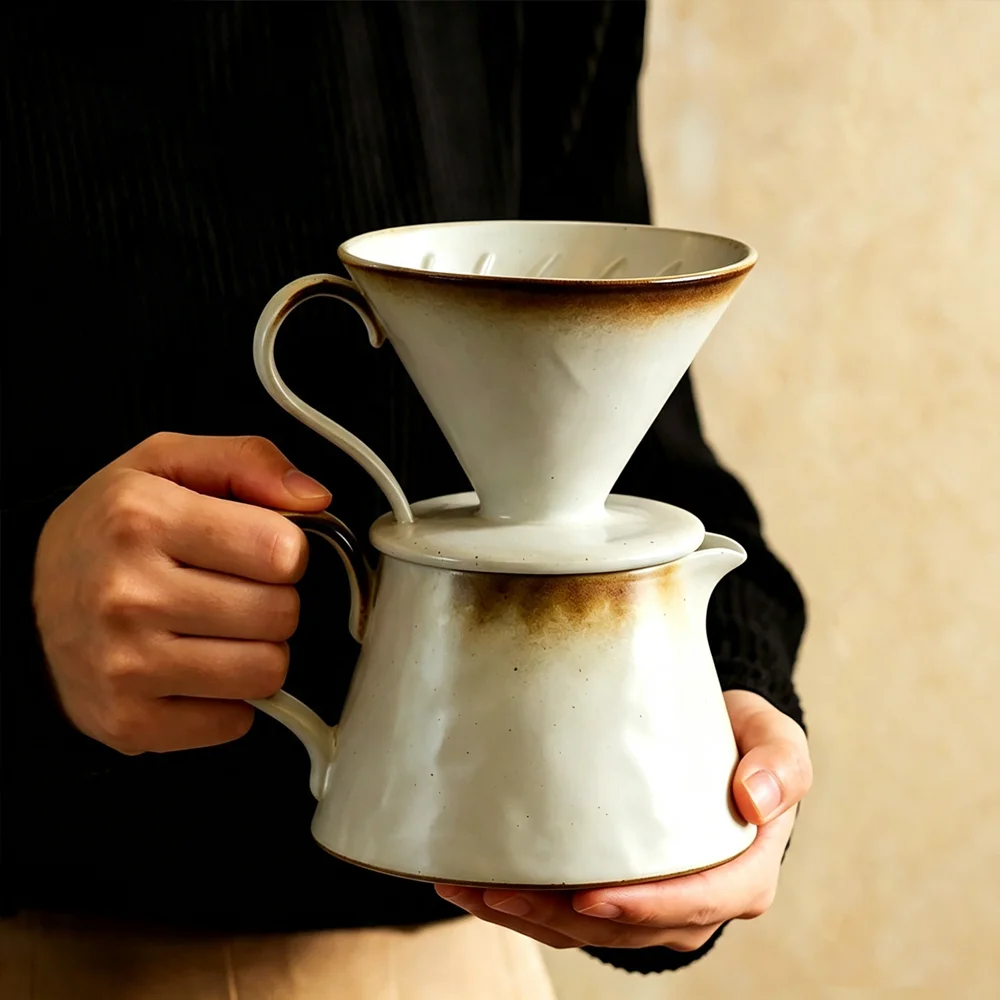 Kiln Change Ceramic Pour Over Coffee Set V60 Coffee Dripper Filter Cup with Coffee Sharing Pot Retro Matte Drip Coffee Ware