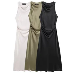 HXAO Satin Long Dresses Womens Dresses Summer Ruffle O-Neck Sleeveless Dress Midi White Green Black Sundress Party Dresses 2024