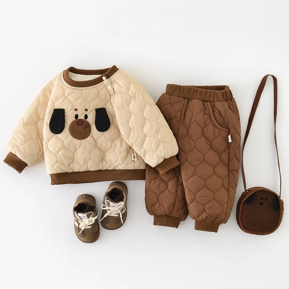 

New Winter Baby Childrens Warm Clothes Set 0-3T Cartoon Padded Toddler Boys Pullover And Pants 2PCS Fleece Lining Girls Outfit
