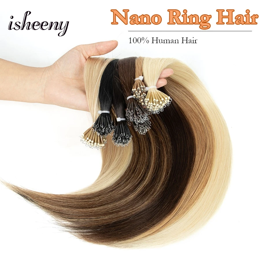 

isheeny Pre Nano Ring Human Hair 12-22 inches Nautral Straight Micro Beads Hair Extensions Black Brown Blonde Invisible Hair
