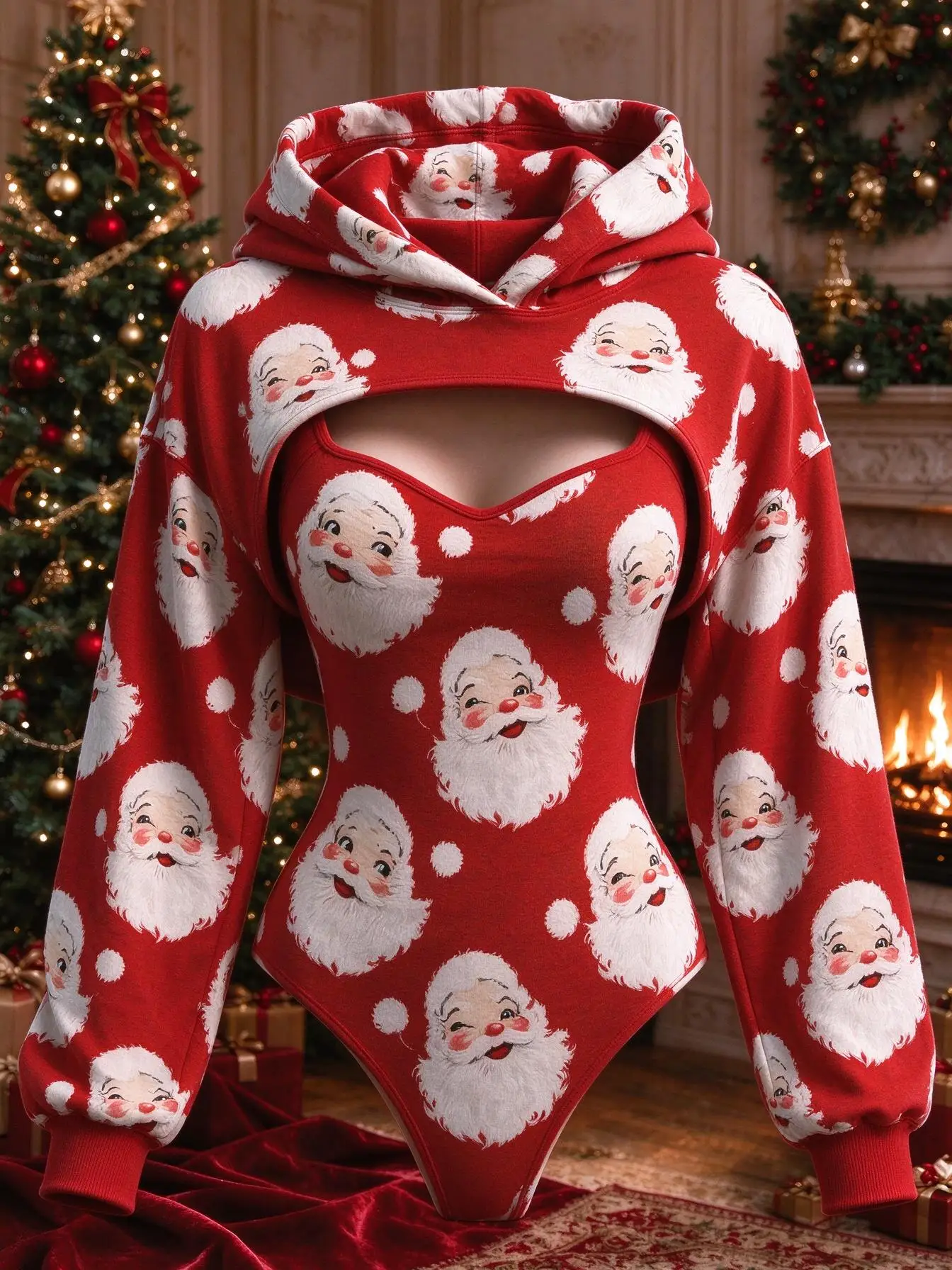 Women 2Pcs Christmas All Over Santa Head Print Outfit Sleeveless Bodysuit + Hooded Long Sleeve Shrug Set Xmas Holiday Costume