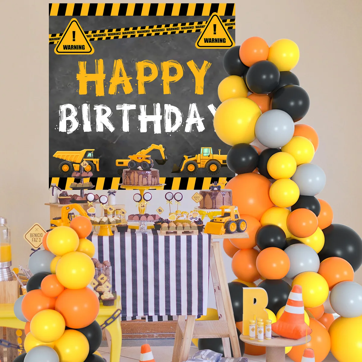 Construction Balloon Backdrop Disposable Tableware Birthday Decor Boy Excavator Truck Tractor Construction Birthday Party Decor