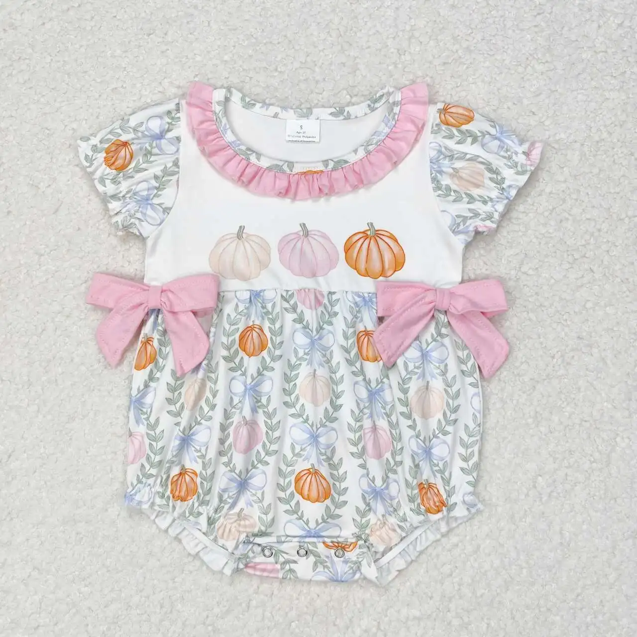 

RTS Baby Toddler Newborn Infants Girls Fall Colorful Pumpkins Short Sleeve Bows Round Neck Milk Silk Children Boutique Rompers