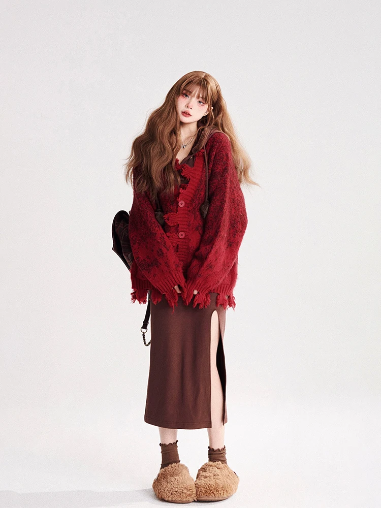 

Красный женский свитер свободного кроя для осени и зимы, повседневный, на пуговицах, вязаный, с V-образным вырезом, с длинными рукавами, теплая верхняя одежда