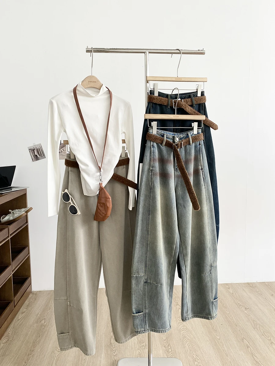 

High Waist Loose Fit Women's Jeans Retro Washed Color Fashionable Commute Style Winter Season Polyester Fiber Pure Color