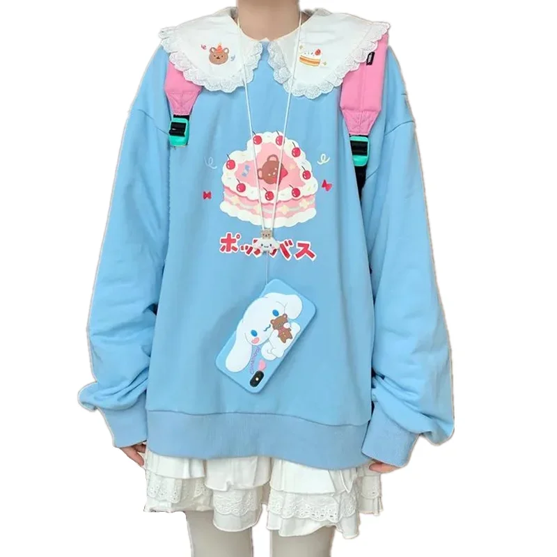 

Preppy Style Sweet Femme Kawaii Hoodies Lace Ruffles Peter Pan Collar Pullover Sweatshirt Cherry Cake Print Bear Embroidery Tops