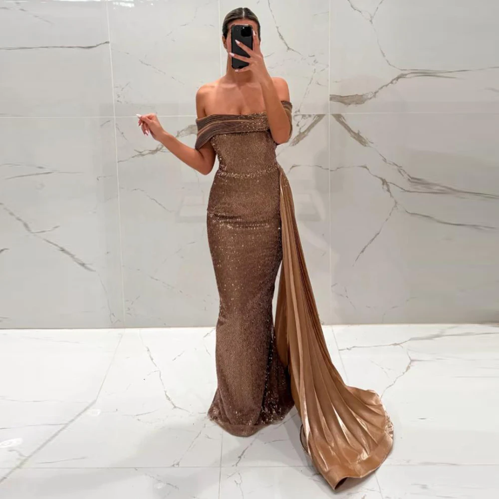 

Индивидуальные вечерние платья с открытыми плечами и пайетками со съемным шлейфом, плиссированное платье русалки для свадебного гостя