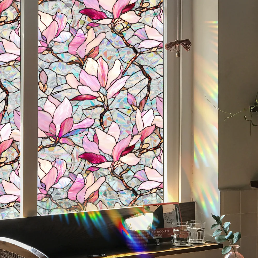 Rosa Blumenranken Buntglas-Fensterfolie, selbstklebend, Sichtschutz, statisch, rosa Blumenmuster, Sichtschutz, Regenbogen-Fensteraufkleber, Heimdekoration