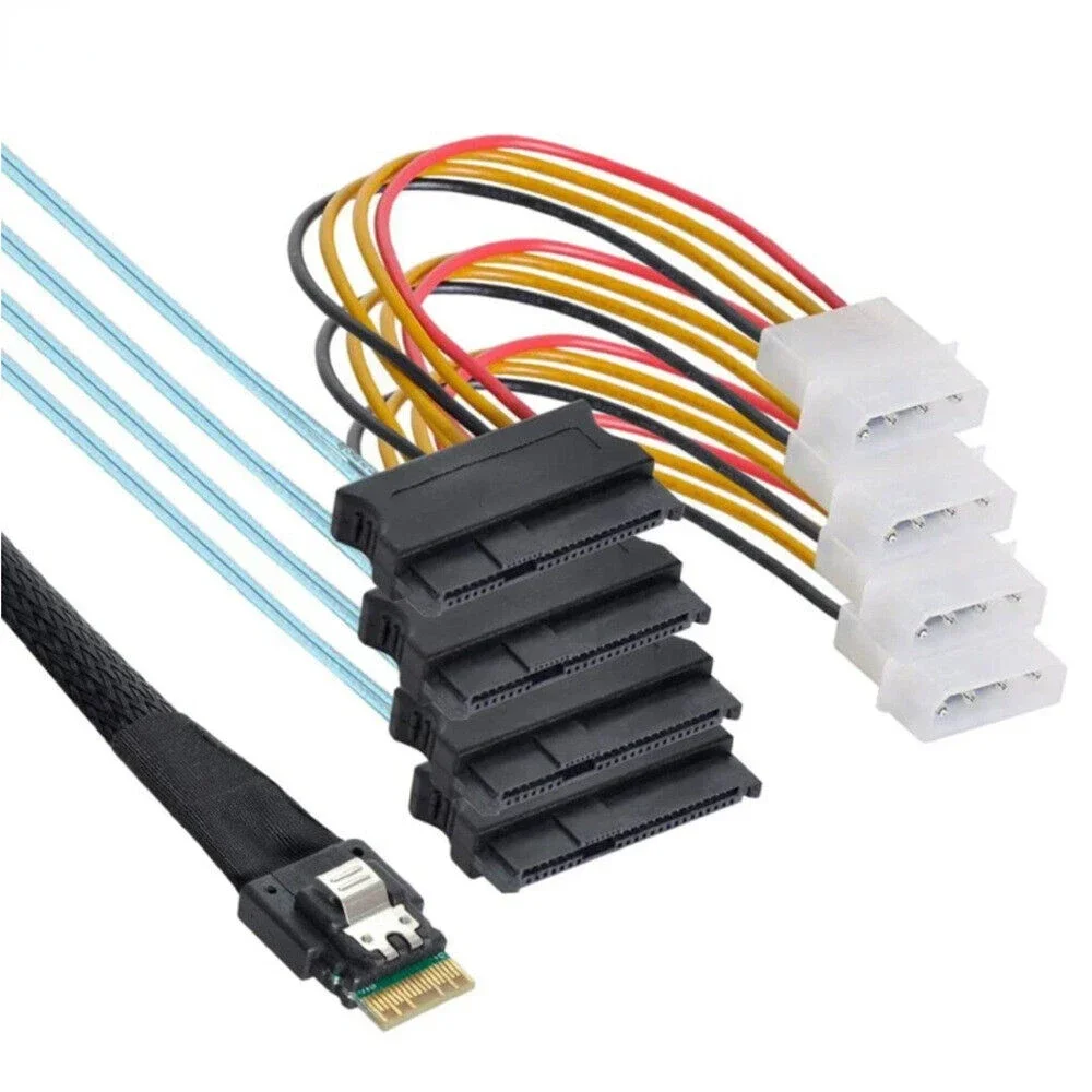 Mini SlimSAS SFF-8654 4i to SFF-8482 (4x SAS/SATA) Adapter Cable with Power Supply Connector - High-Speed Data Transfer