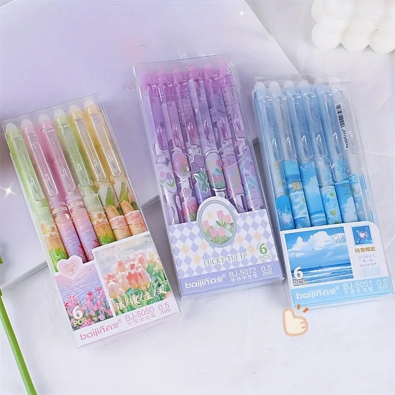 6pcs/Set Tulip Erasable Ballpoint Pen 0.5mm Gel Pens Fine Point Tip Pen Stationery Students Girl Gift School Office Supplies