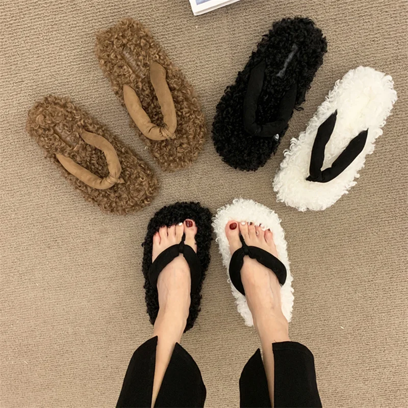 

Winter 2023 New Wool Flip Flops Fashion Soft Warm Comfortable Flip Flops Brand Designer Casual Home Flat Bottom Flip Flops