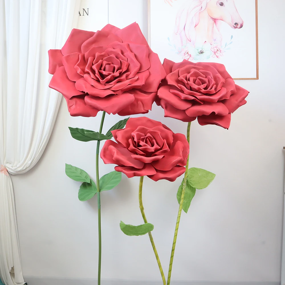 PE Foam Paper Curl Rose Artificial Flower For Wedding Road Leading Stand Decoration Display Flore Branch Party Decor Props