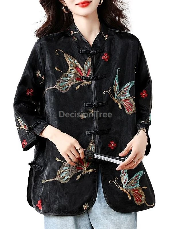Spring autumn plus-size new Chinese-style mandarin collar butterfly embroidery loose long-sleeve tang suit jacket for women
