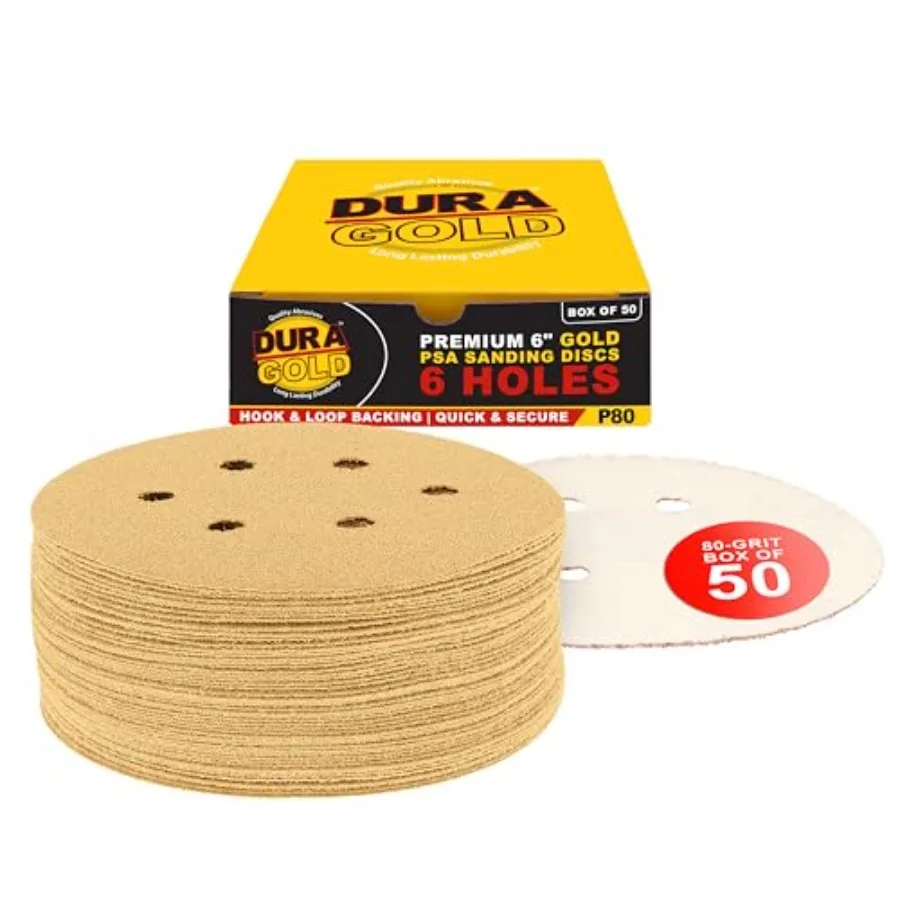 

Premium 80 Grit 6" Gold Sandpaper Discs, 6 Hole Pattern Dustl, Box of 50 - Hook and Loop Backing for DA Sander, Finishing Coars
