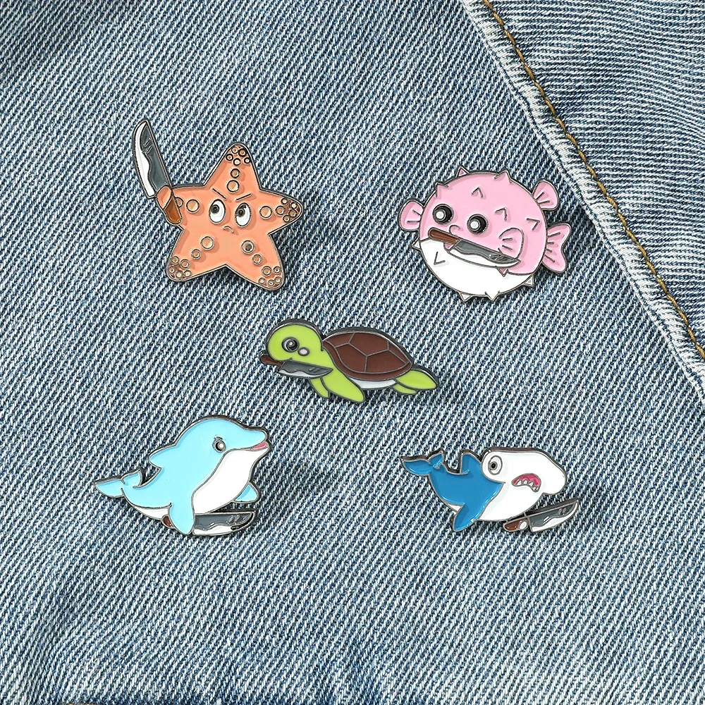 Cute Marine Animal with Knife Enamel Pin Creative Cartoon Dolphin Starfish Turtle Pufferfish Brooches Lapel Badges Gift for Kid