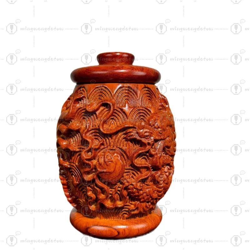 Black Ebony Carved Dragon & Phoenix Storage Jar, Home Decorative Ornament, Ideal Gift for Wedding Housewarming Desktop Display