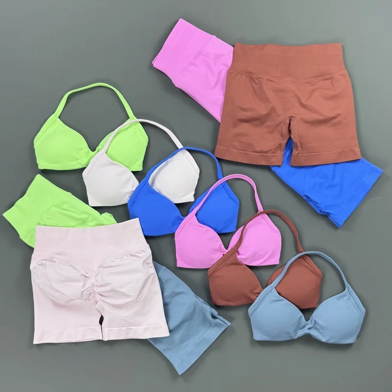 2 Pieces Sports Set Halter Yoga Top High Waist Scrunch Shorts Breathable Stretchy Gym Pilates Workout Fitness Suit