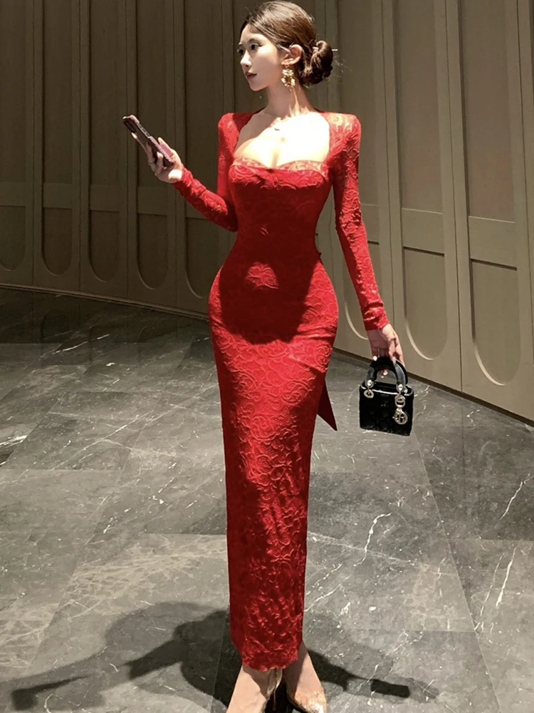 الخريف الشتاء الصلبة الدانتيل الجاكار ساحة طوق فستان طويل المرأة أنيقة القوس ضمادة فستان 2025 الكورية خمر فستان حفلة موسيقية فاخرة #3