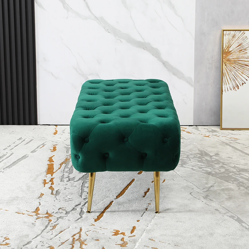 RV Sira Velvet Button Tufted Bench with Gold Metal Legs for Kitchen Dining Room Space, Green On-Site