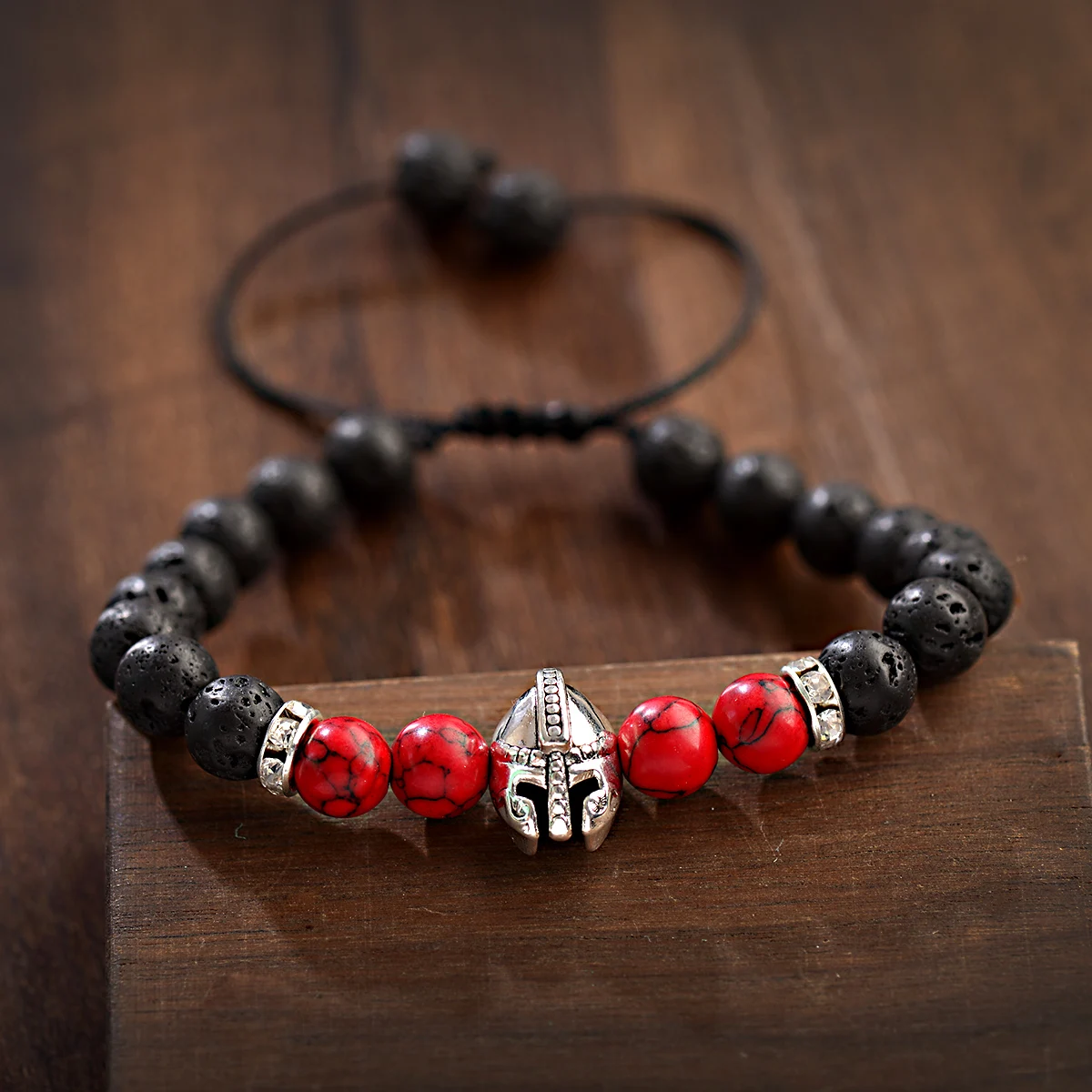 Natural Map Stone Black Agate Bracelet Classic Men's Jewelry Charm Warrior Helmet Beads Adjustable Bangle Yoga Jewelry Gift