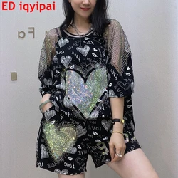 ED iqyipai Women Set Mesh Fabric Spliced Short Set Women Loose Summer Tees And Shorts 2PCS Casual Sequinis Thin Suit