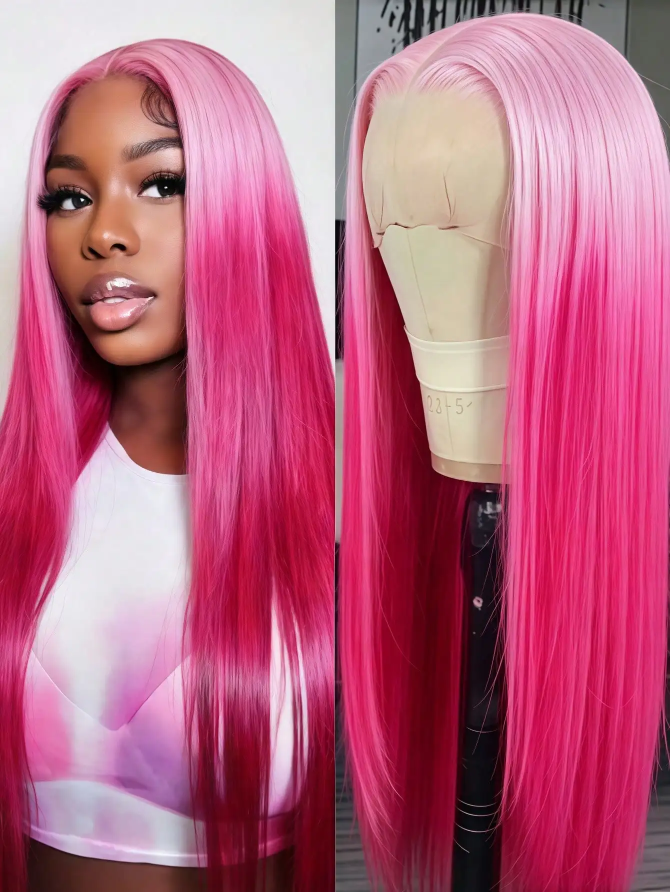Gradient Pink Straight Lace Front Wig Human Hair 13x4 Transparent Lace Front Wig 180 Density Pre Plucked Glueless Wigs for Women