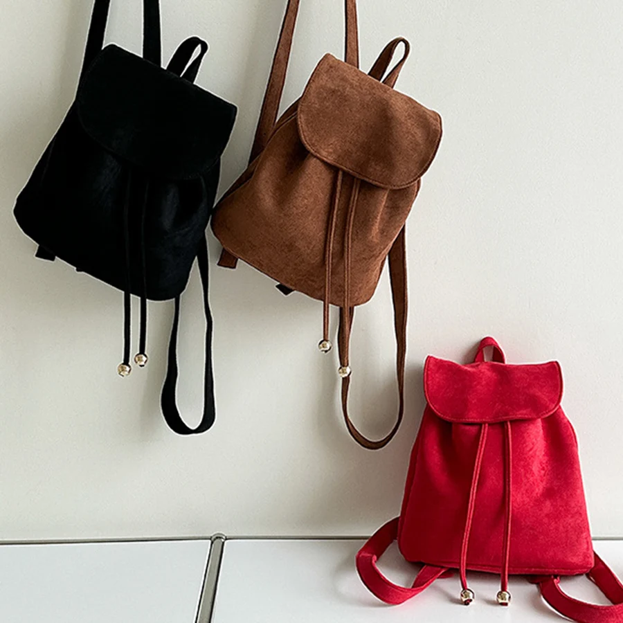 Korean vintage suede flap drawstring backpack ins new casual fashion student small bagpack soild female travel bags rucksack sac