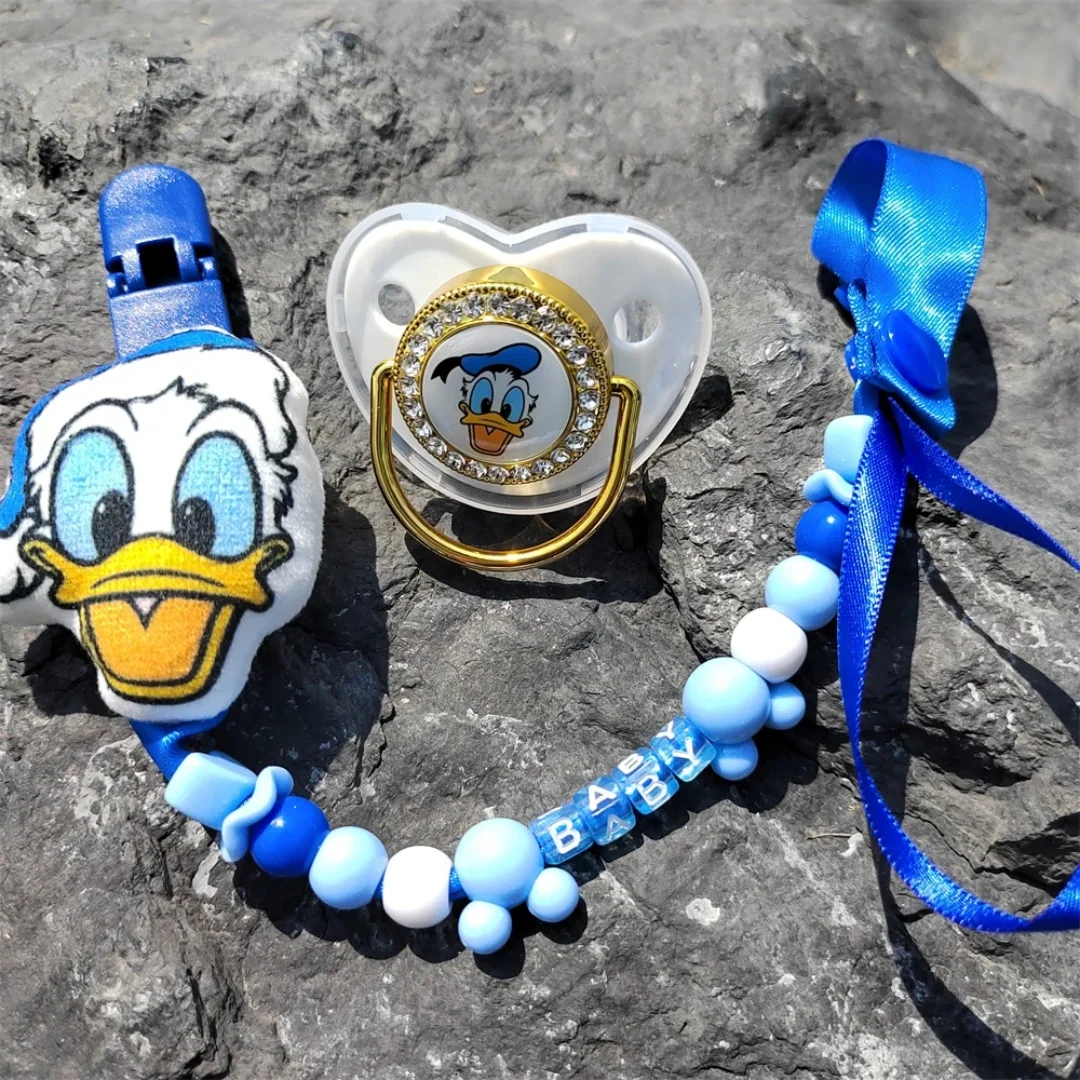 Chaîne de sucette pour bébé, avec Clip en perles, imprimé Donald Duck, sans BPA, luxe, scintillant, sucette factice en Silicone, 2024