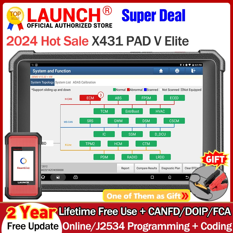 LAUNCH X431 PAD V Elite Car Diagnostic tools J2534 Online programming DOIP CANFD ADAS Smartlink C SCN Coding All Service