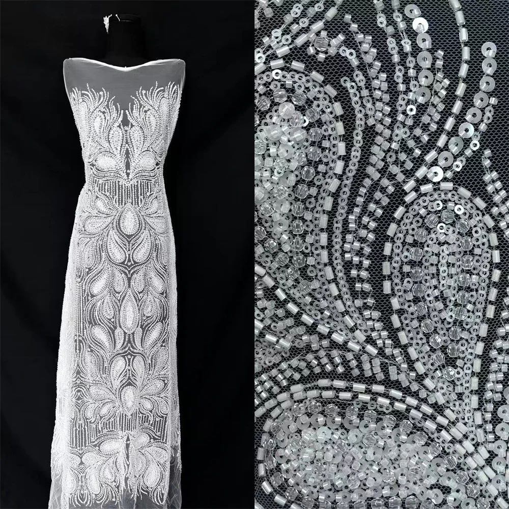 Afrikaanse zware kralen kant stof 2025, hoge kwaliteit Nigeriaanse pailletten bruidegom kant Franse tule stof voor bruiloft jurk naaien