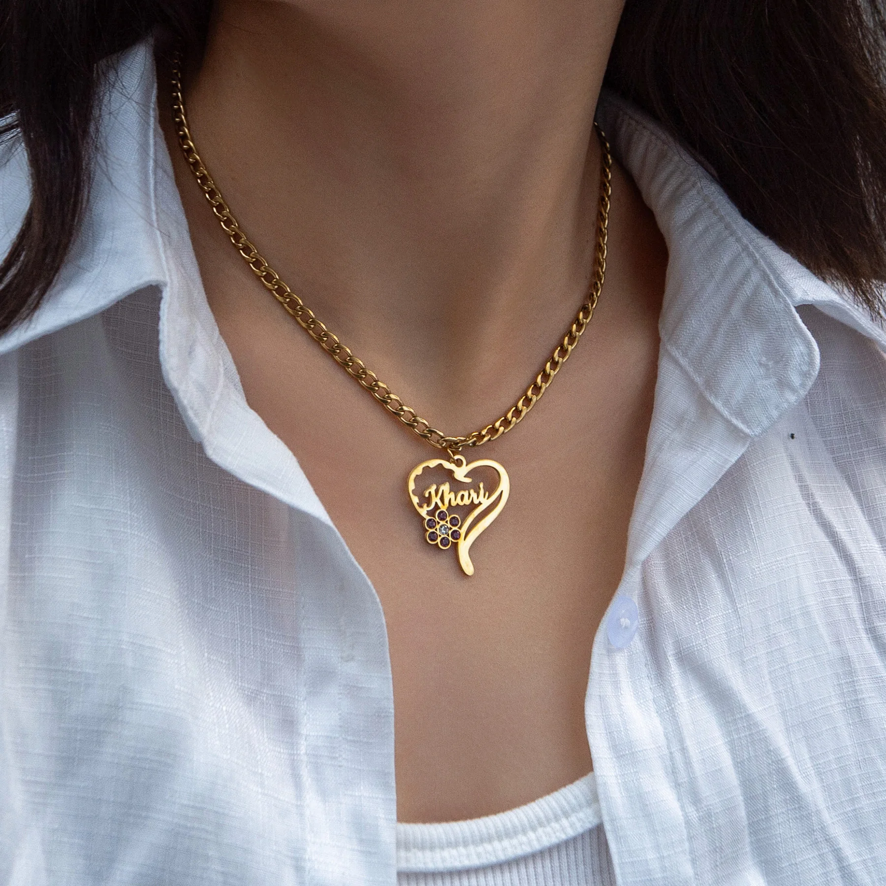 Atoztide-collar con nombre personalizado para mujer, colgante de corazón de circón, gargantilla de piedra de acero inoxidable, cadena de eslabones,