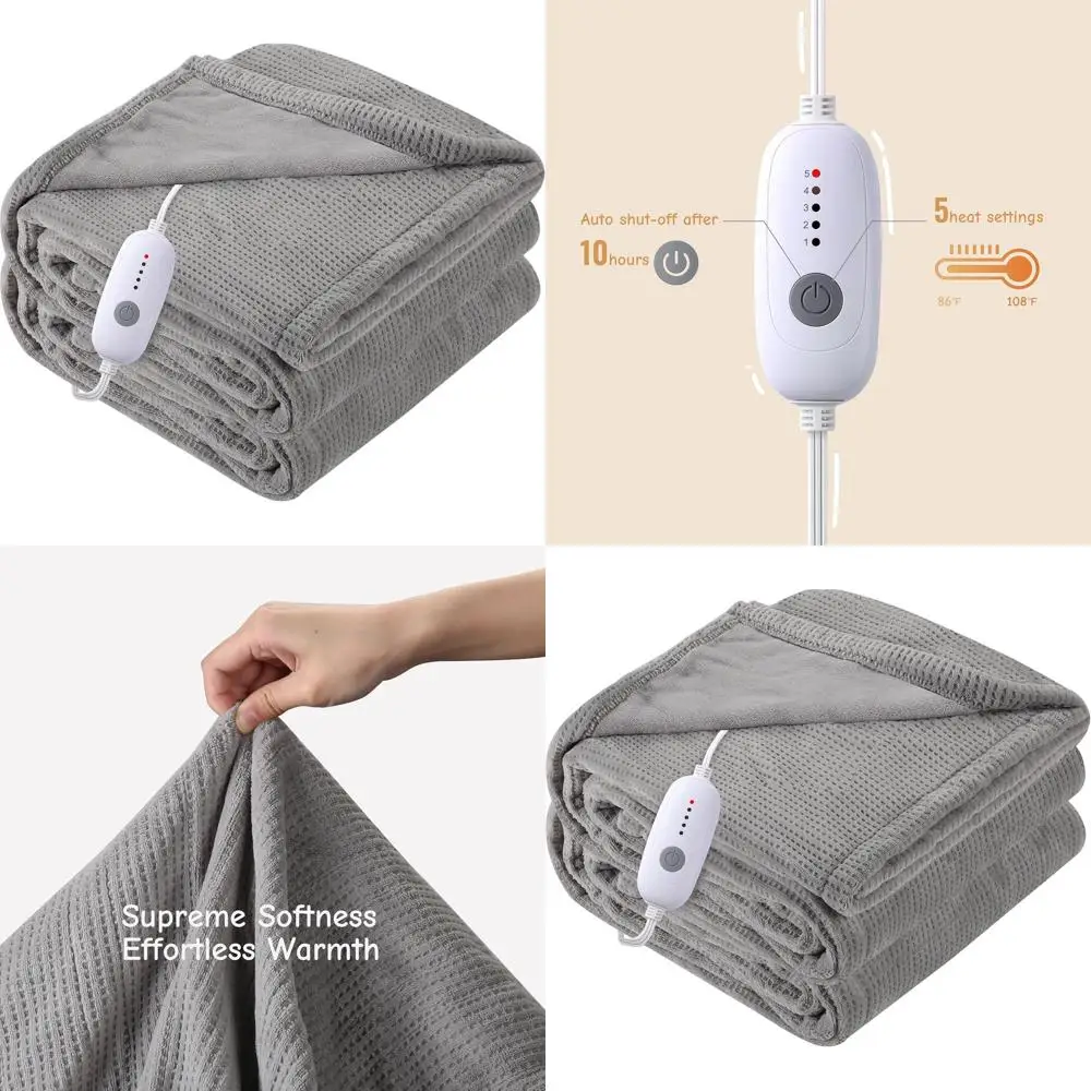 

Full Size 72x84 Grey Electric Blanket with 5 Heat Settings and 10-Hour Auto-Off for Winter Warmth