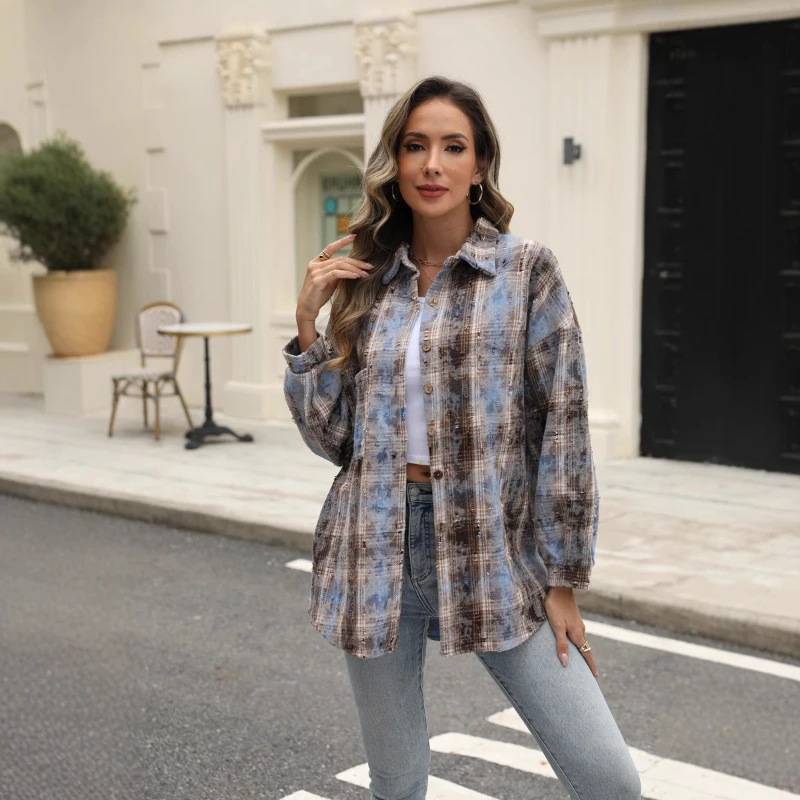 

Blouses Women Shirt Turn Down Collar Full Sleeve Tops Plaid Y2k Streetwear Elegant Splice Shirts Casual Loose Autumn 2025