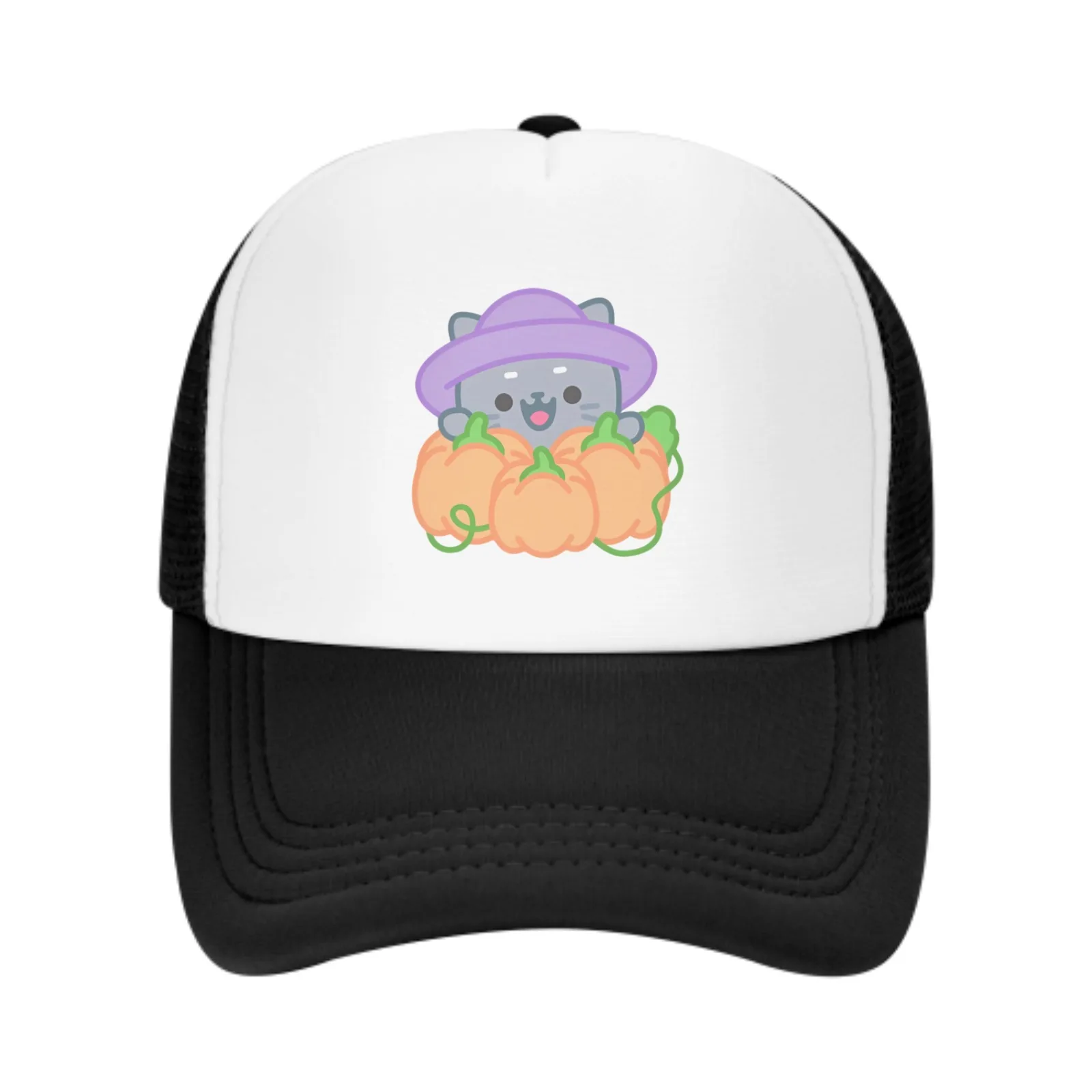 Cartoon Cat Holding Pumpkin Baseball Cap for Men Women Trucker Mesh Hat Adjustable Sports Breathable Fashion Daily Travel Unisex