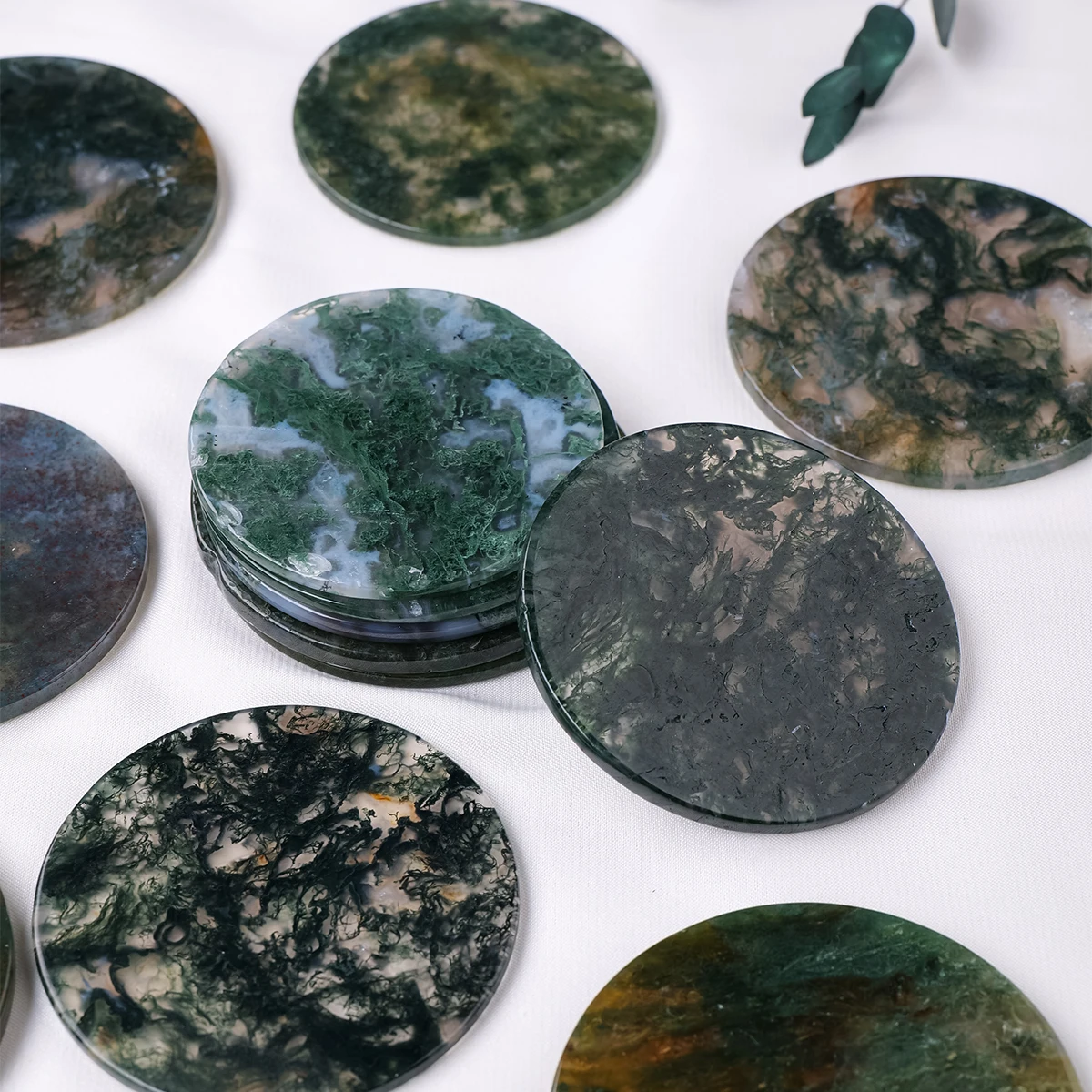1PC Natural Crystal Moss Agate Round Slice Hand Crafted Coaster Household Supplies Household Kitchenware Home Healing Stone