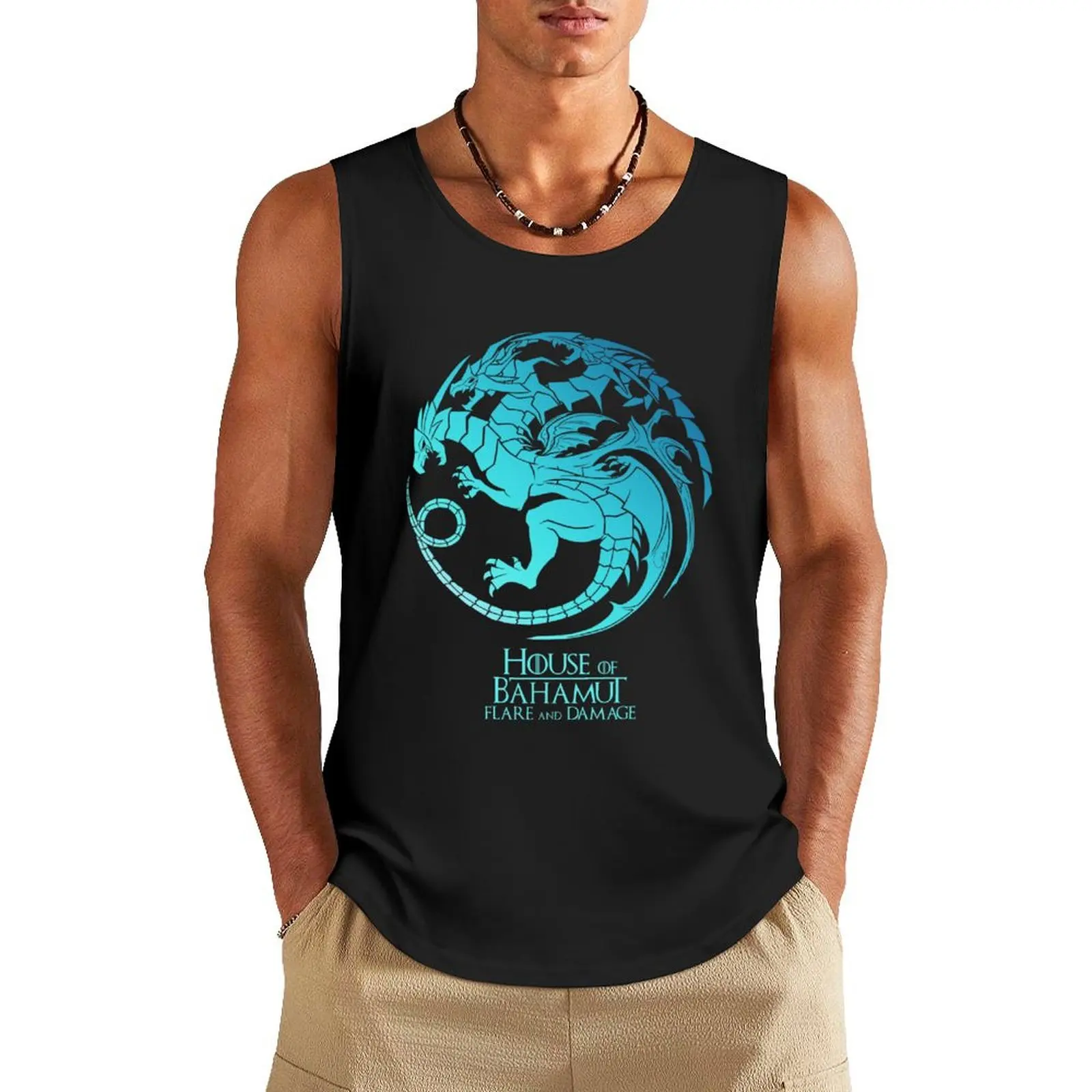 House of Bahamut. Flare and Damage (grey turquoise). Tank Top Bodybuilding shirt vests for men gym top